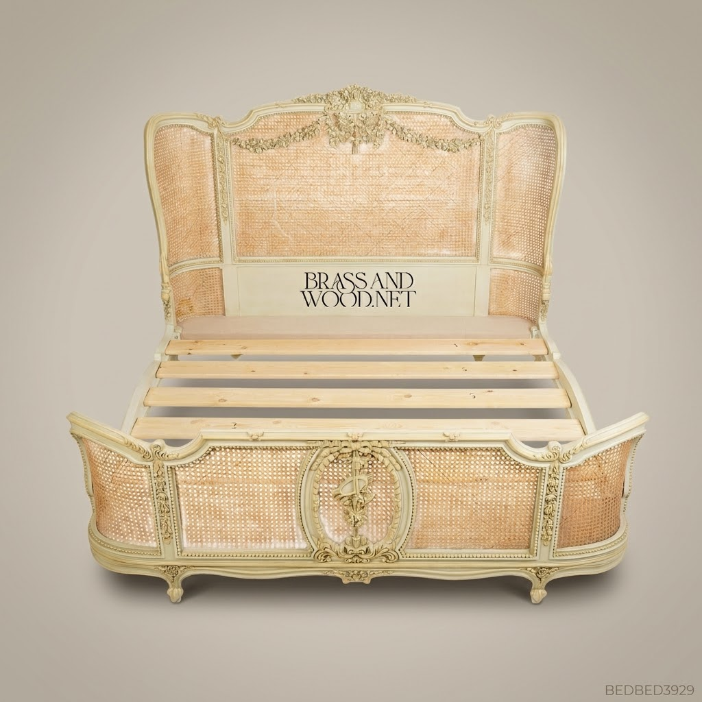 Louis XV Rococo Ivory Painted Cane Panel Bed with Rose-Basket Carved Headboard