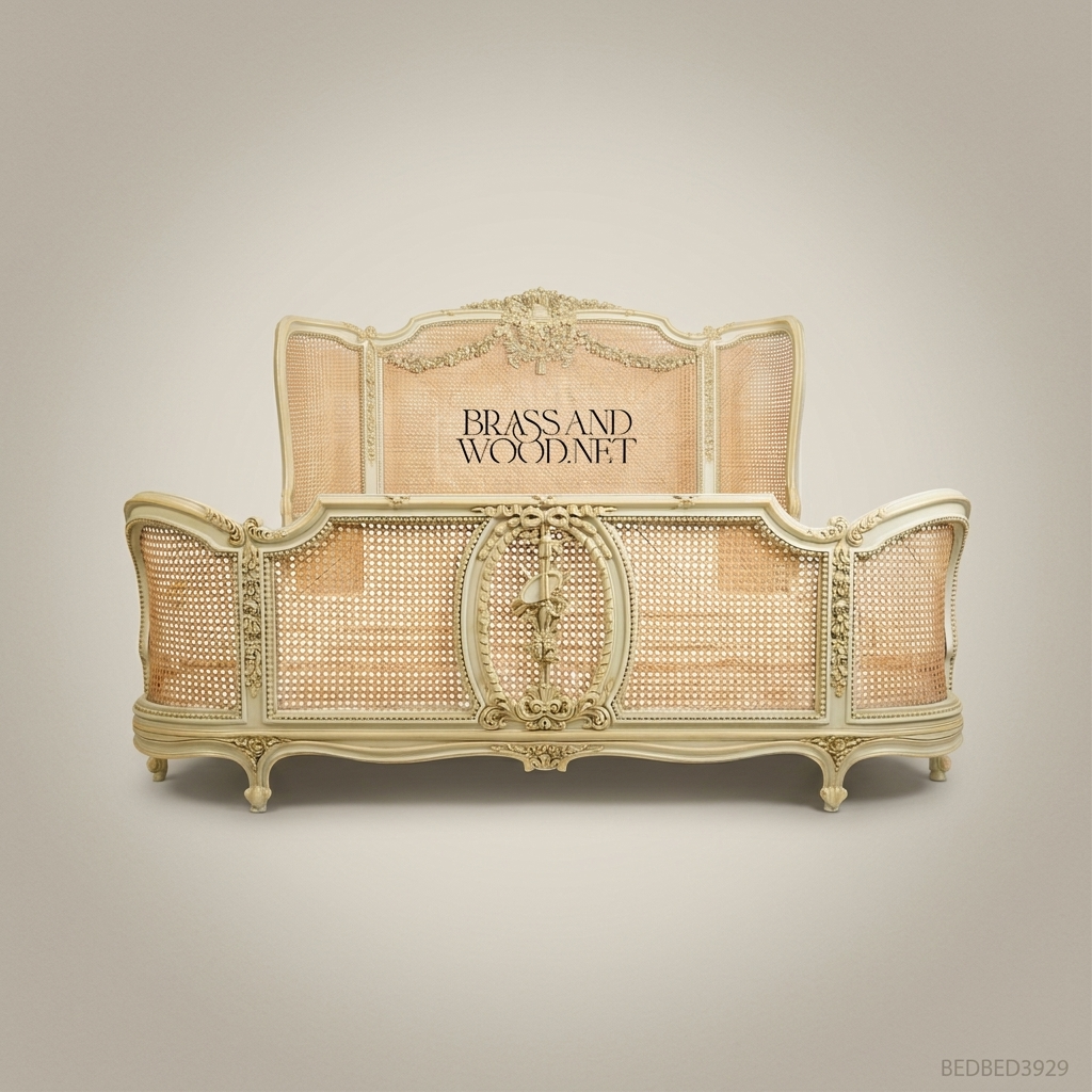 Louis XV Rococo Ivory Painted Cane Panel Bed with Rose-Basket Carved Headboard