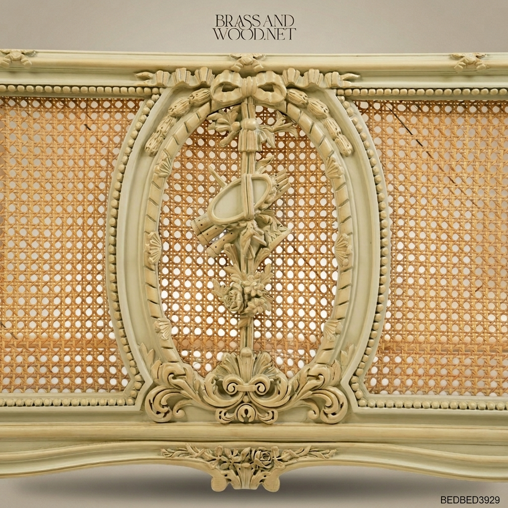 Louis XV Rococo Ivory Painted Cane Panel Bed with Rose-Basket Carved Headboard