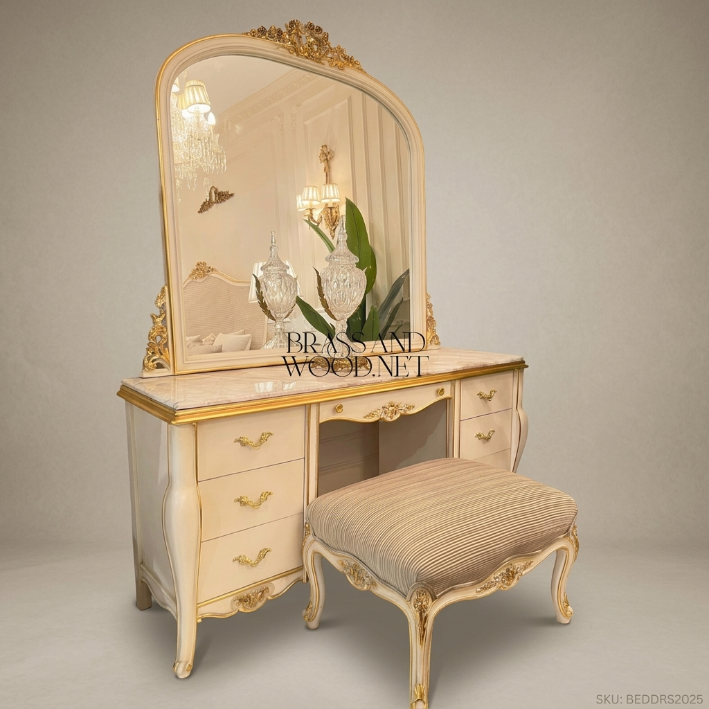 Louis XV Rococo Revival Ivory & Gold Dressing Table Set with Arched Mirror & Stool