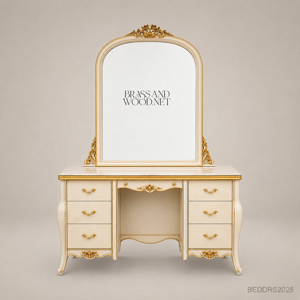 Louis XV Rococo Revival Ivory & Gold Dressing Table Set with Arched Mirror & Stool
