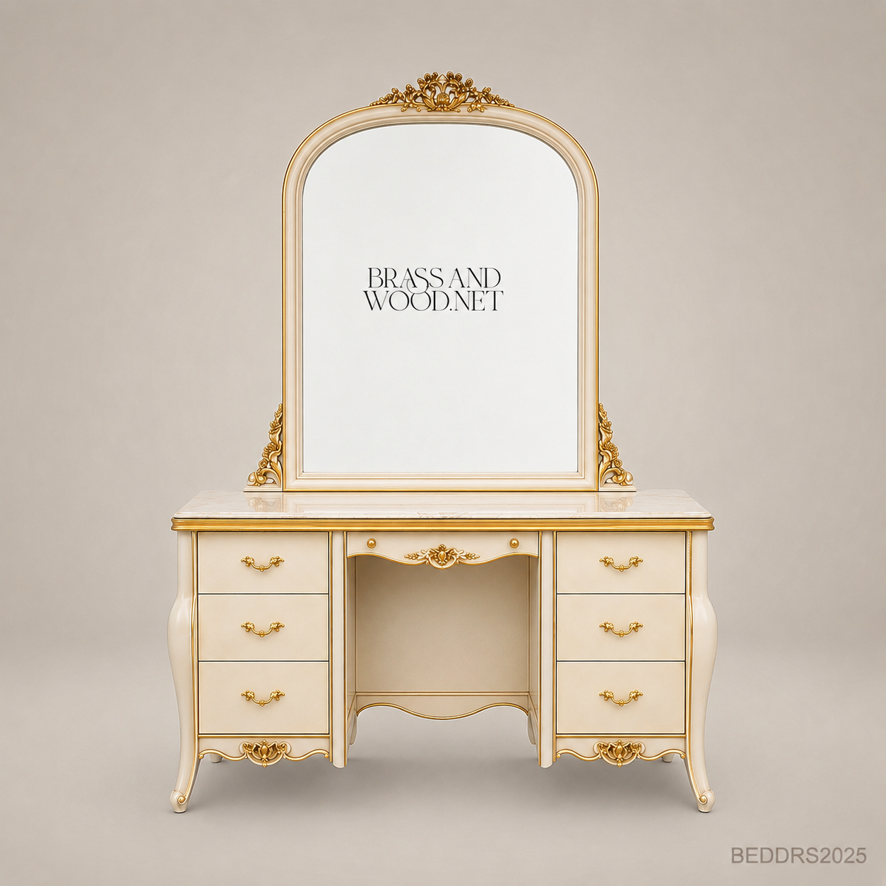 Louis XV Rococo Revival Ivory & Gold Dressing Table Set with Arched Mirror & Stool