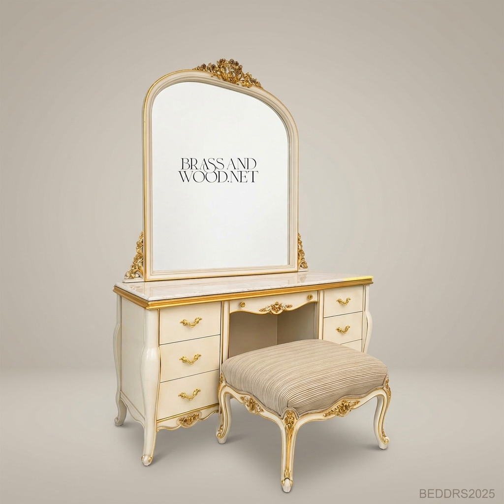 Louis XV Rococo Revival Ivory & Gold Dressing Table Set with Arched Mirror & Stool