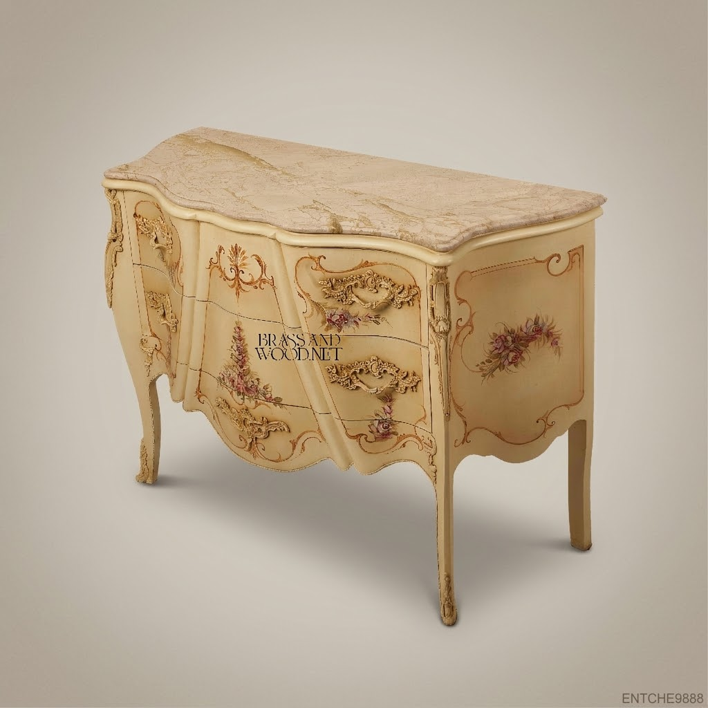 Louis XV Rococo Ivory Lacquer Commode with Hand-Painted Florals & Marble Top
