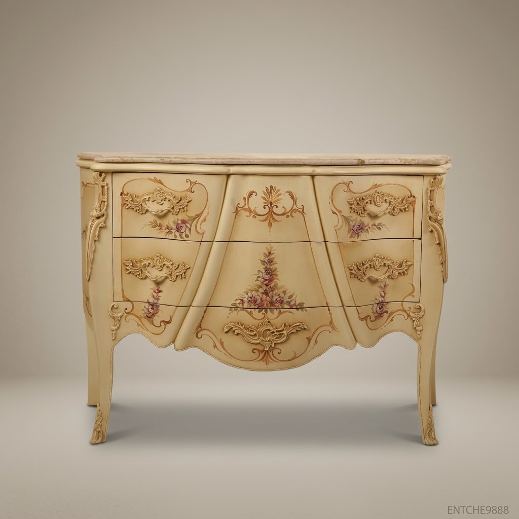 Louis XV Rococo Ivory Lacquer Commode with Hand-Painted Florals & Marble Top