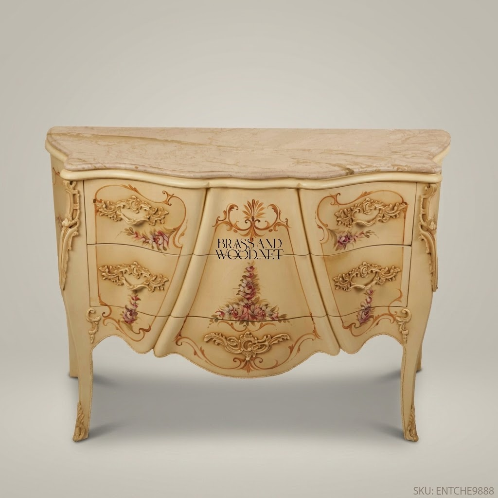 Louis XV Rococo Ivory Lacquer Commode with Hand-Painted Florals & Marble Top