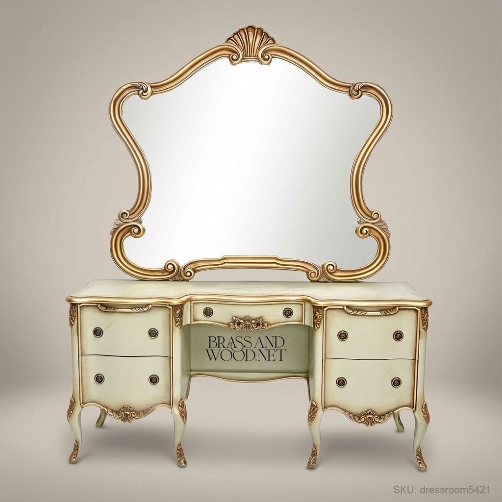 Louis XV Rococo Ivory Lacquer Dressing Table with Shaped Gilt Mirror