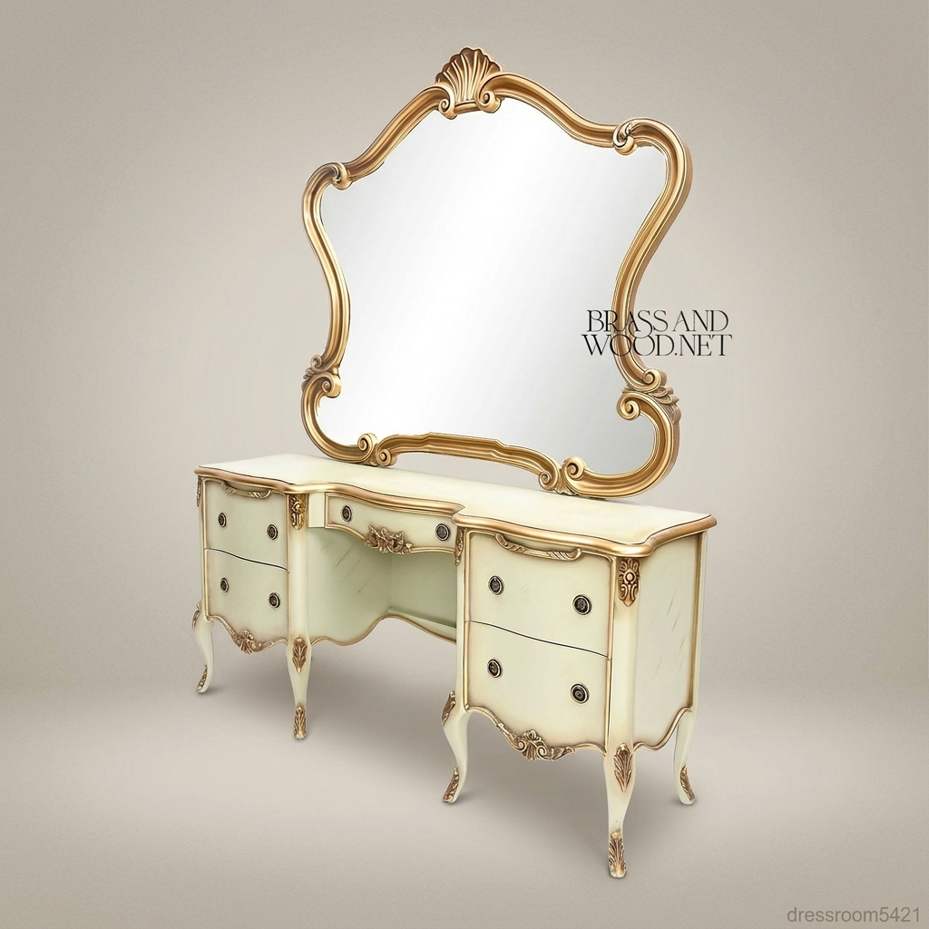 Louis XV Rococo Ivory Lacquer Dressing Table with Shaped Gilt Mirror