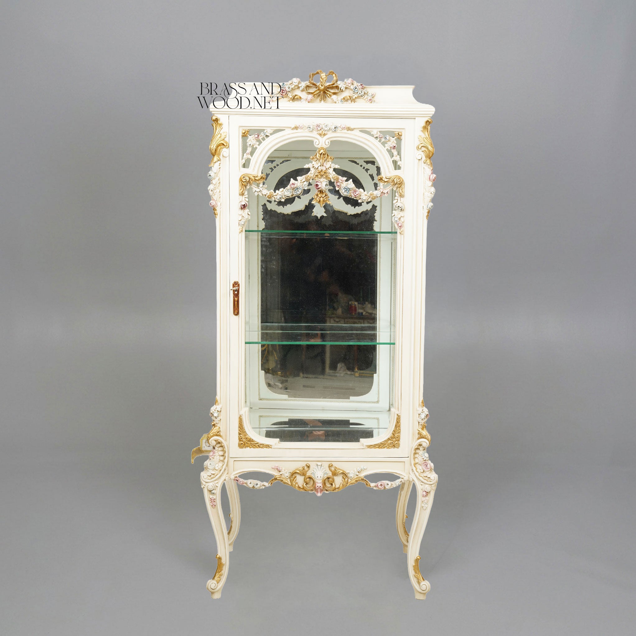 Louis XV Rococo Ivory Lacquered Display Cabinet with Gilt Floral Garland Crest