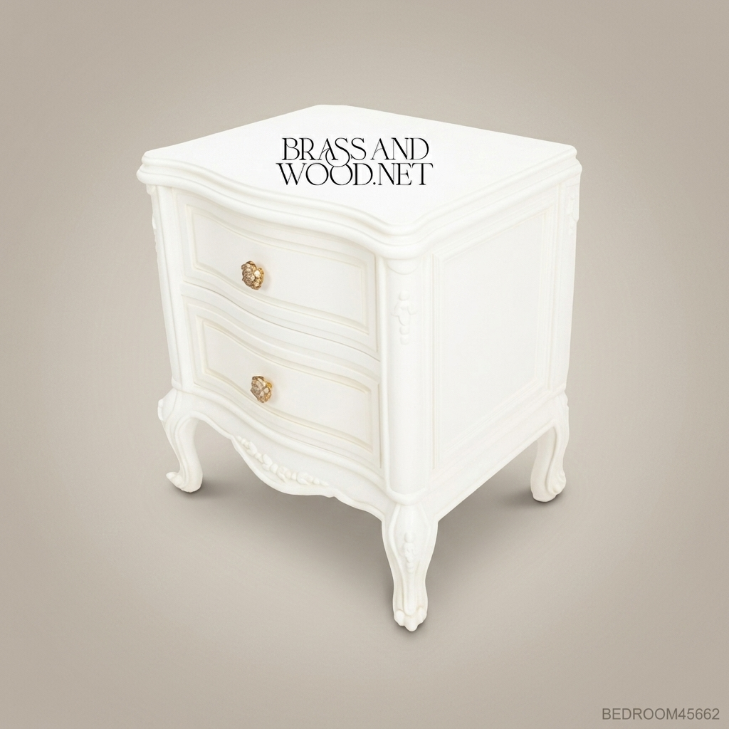 Louis XV Rococo Revival Ivory Nightstand - Bombé Drawers & Gilt Rose Pulls