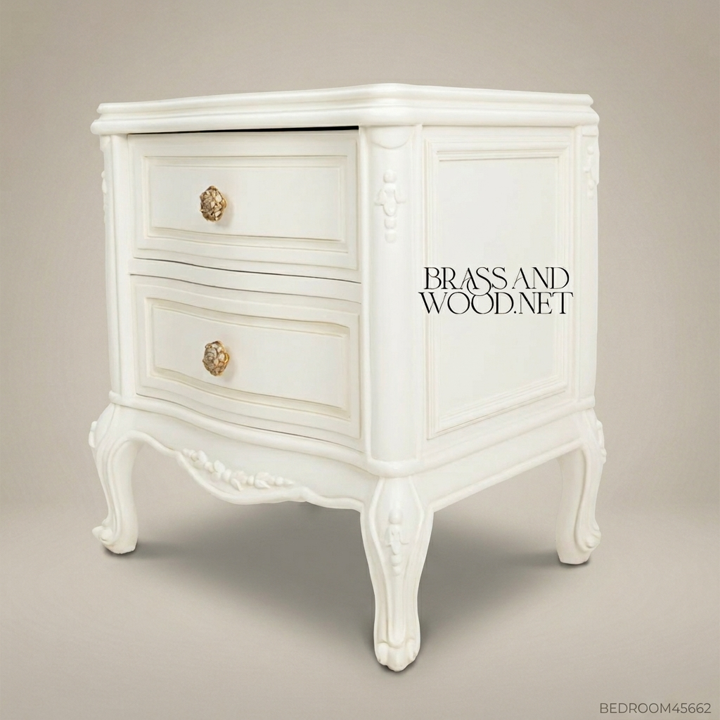 Louis XV Rococo Revival Ivory Nightstand - Bombé Drawers & Gilt Rose Pulls