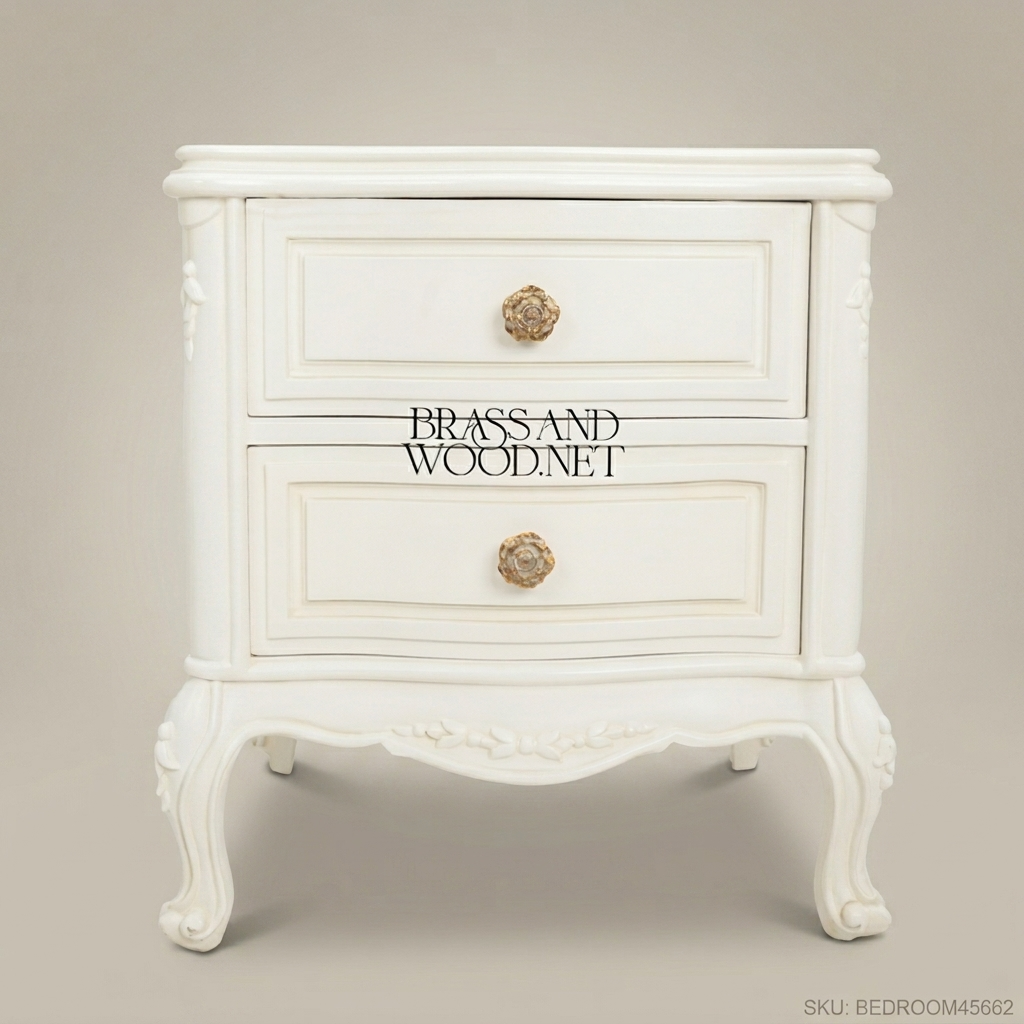 Louis XV Rococo Revival Ivory Nightstand - Bombé Drawers & Gilt Rose Pulls