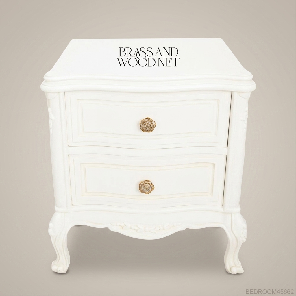 Louis XV Rococo Revival Ivory Nightstand - Bombé Drawers & Gilt Rose Pulls
