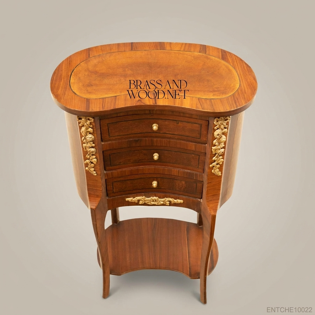 Louis XV Kidney-Shaped Nightstand with Gilt Bronze Ormolu & Walnut Marquetry