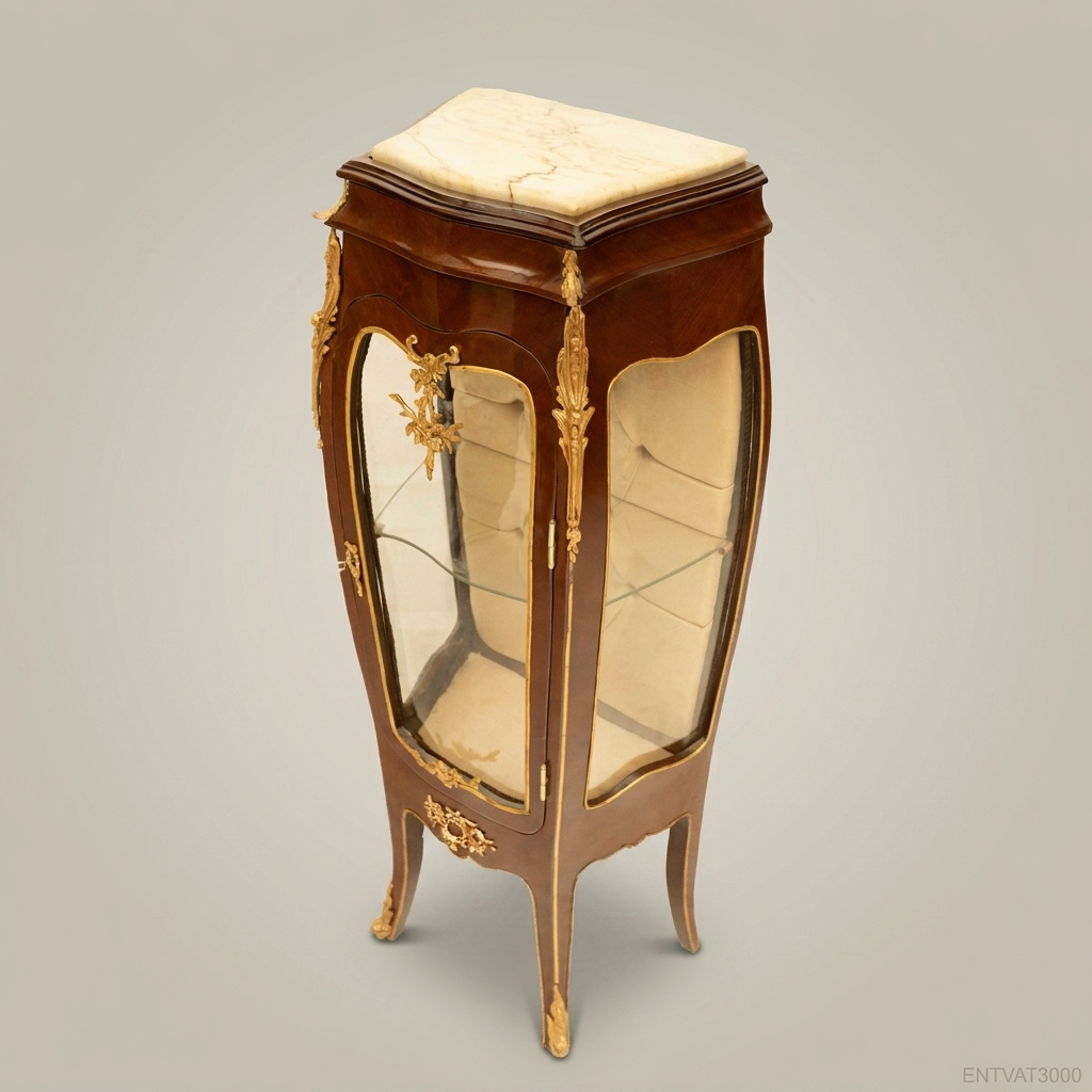 Louis XV Rococo Mahogany Display Vitrine - Bombé Form with Gilt Ormolu Mounts & Marble Top