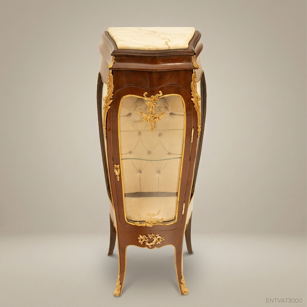 Louis XV Rococo Mahogany Display Vitrine - Bombé Form with Gilt Ormolu Mounts & Marble Top