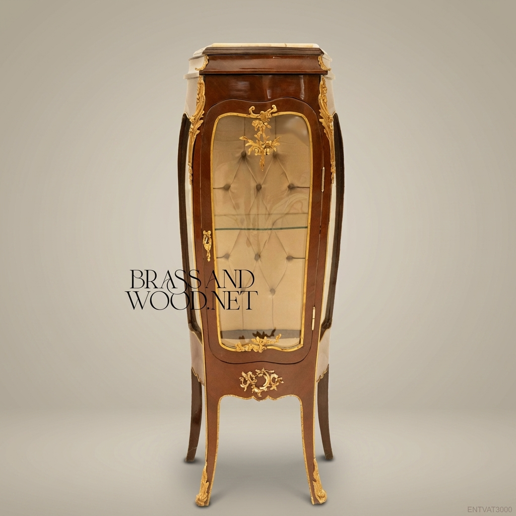 Louis XV Rococo Mahogany Display Vitrine - Bombé Form with Gilt Ormolu Mounts & Marble Top