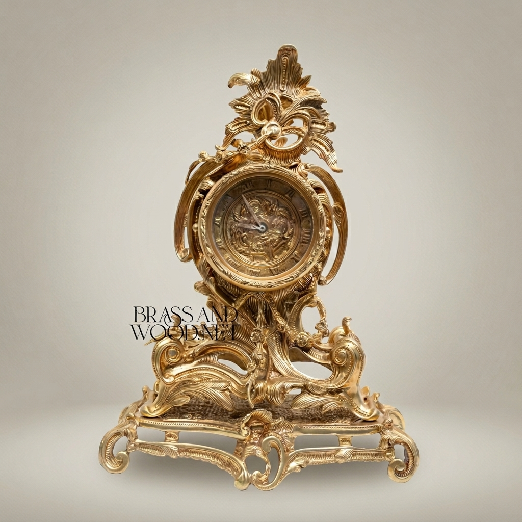 Louis XV Rococo Mantel Clock Garniture with Five-Arm Candelabra — Heavily Carved Scrollwork — Antique Gold