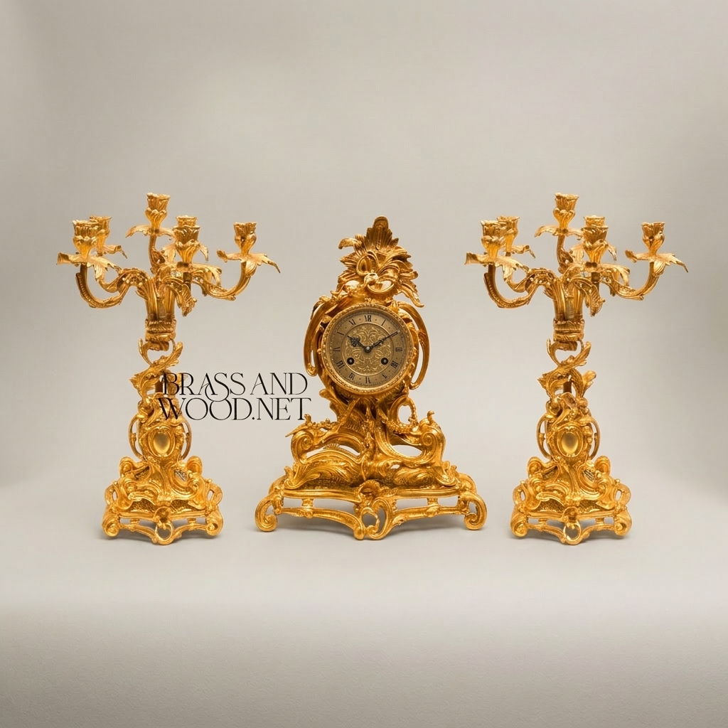 Louis XV Rococo Mantel Clock Garniture with Five-Arm Candelabra — Heavily Carved Scrollwork