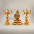 Louis XV Rococo Mantel Clock Garniture with Five-Arm Candelabra — Heavily Carved Scrollwork — Gold