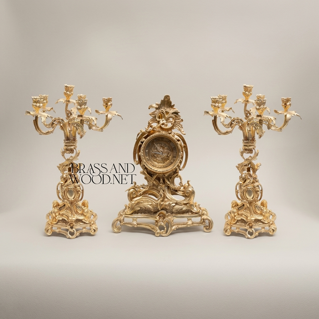 Louis XV Rococo Mantel Clock Garniture with Five-Arm Candelabra — Heavily Carved Scrollwork — Antique Gold