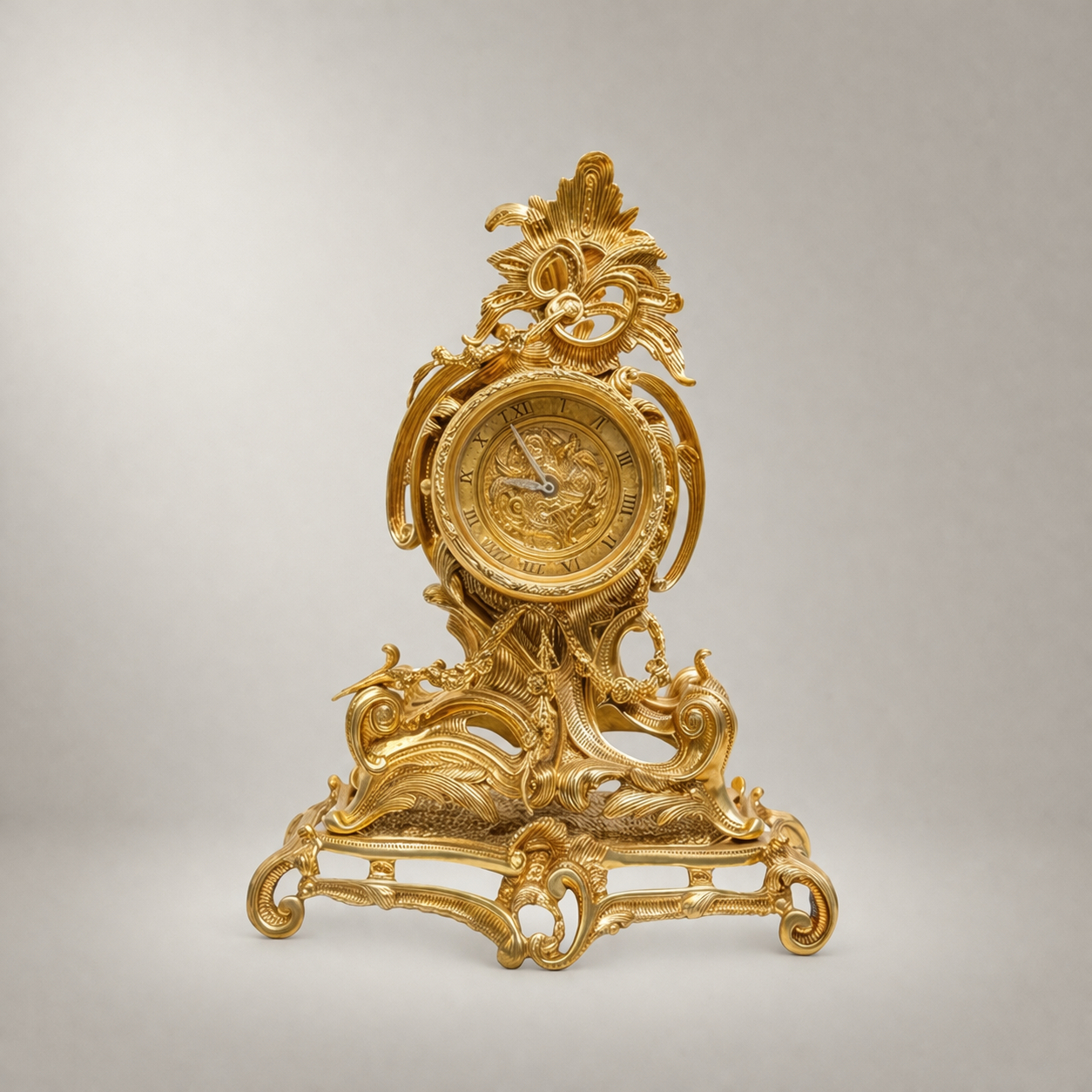 Louis XV Rococo Mantel Clock Garniture with Five-Arm Candelabra — Heavily Carved Scrollwork — Gold