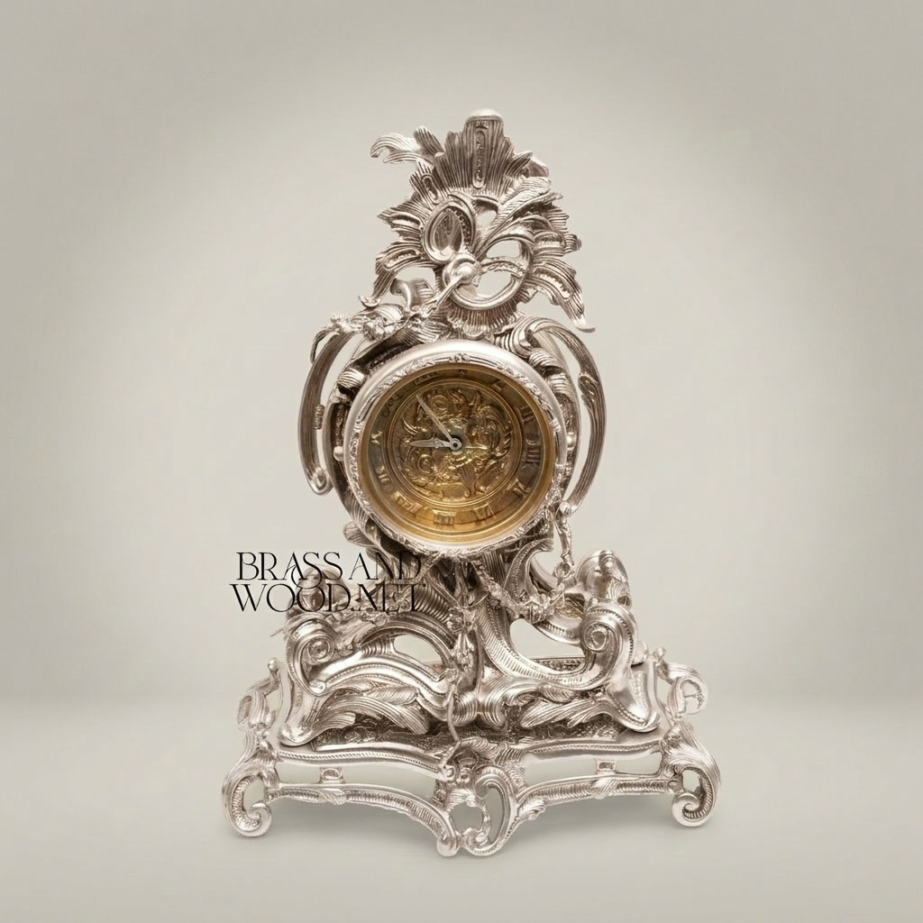 Louis XV Rococo Mantel Clock Garniture with Five-Arm Candelabra — Heavily Carved Scrollwork — Silver