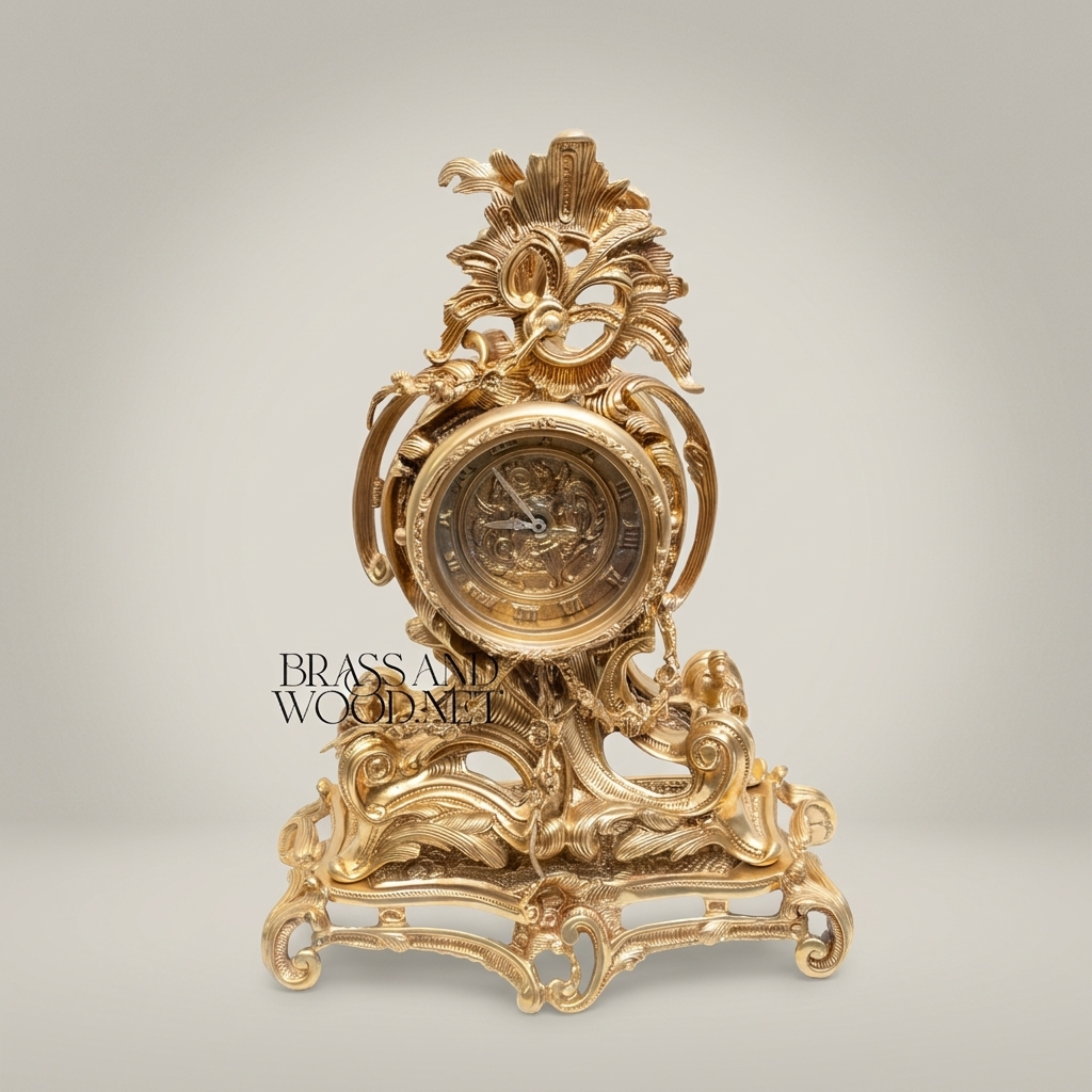 Louis XV Rococo Mantel Clock Garniture with Five-Arm Candelabra — Heavily Carved Scrollwork — Antique Gold