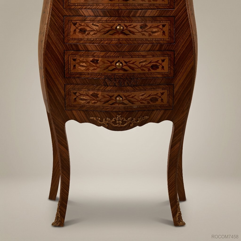 Louis XV Rococo Marquetry Commode – Five-Drawer Bombe Chest with Brass Mounts