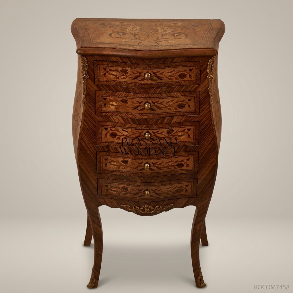 Louis XV Rococo Marquetry Commode – Five-Drawer Bombe Chest with Brass Mounts