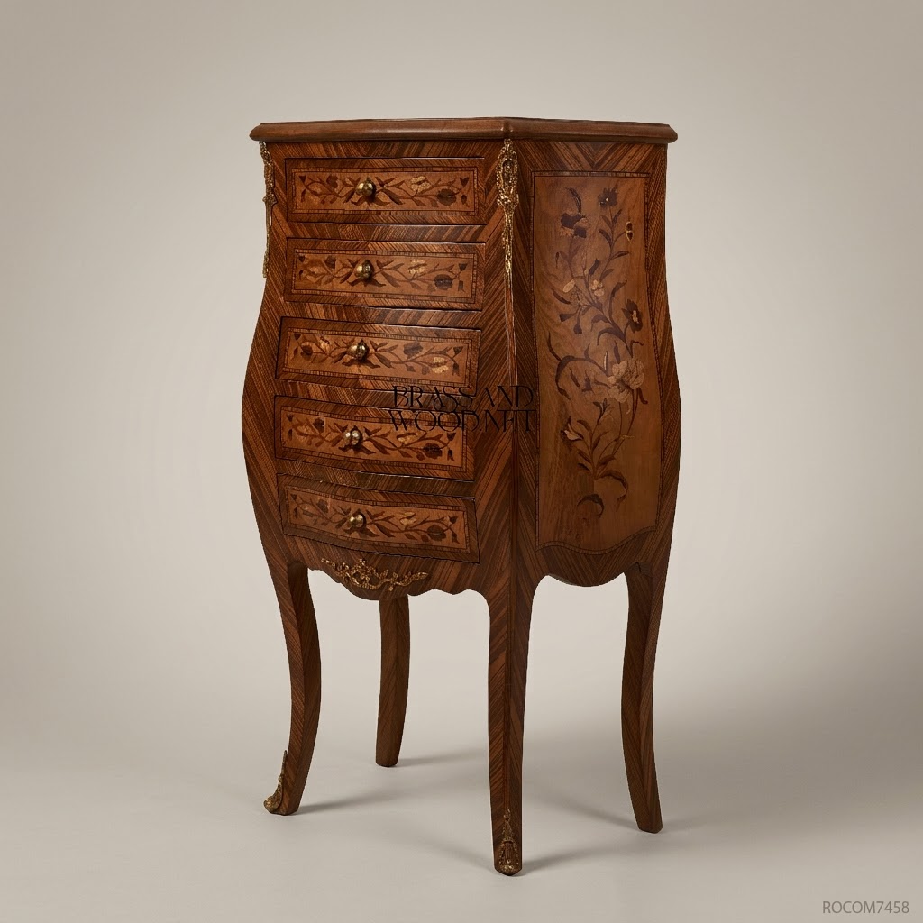Louis XV Rococo Marquetry Commode – Five-Drawer Bombe Chest with Brass Mounts