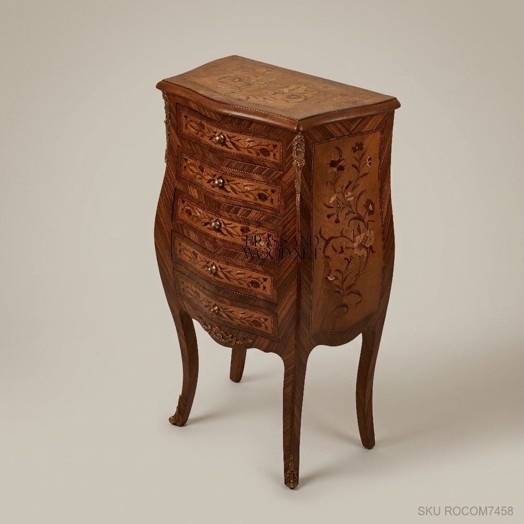 Louis XV Rococo Marquetry Commode – Five-Drawer Bombe Chest with Brass Mounts