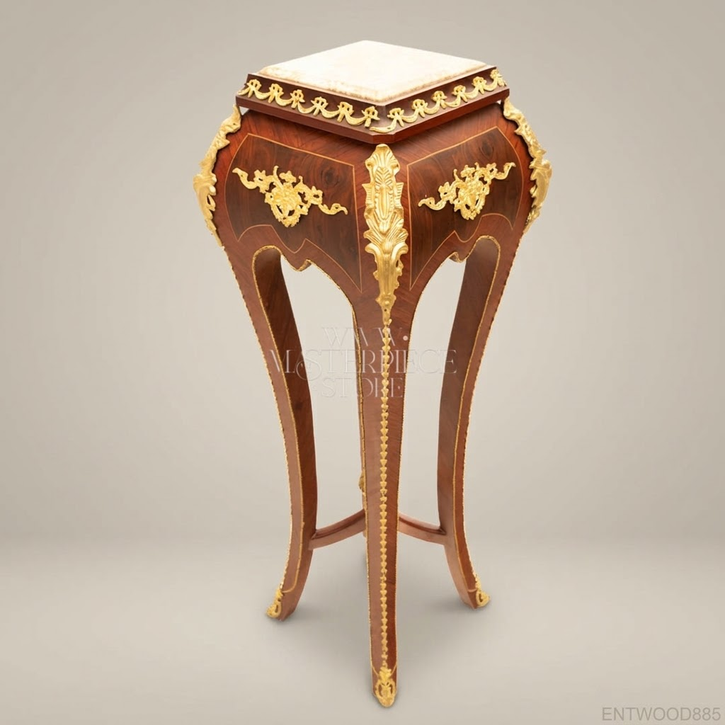 Louis XV Rococo Marquetry Pedestal Stand with Gilt Bronze Mounts & Marble Top