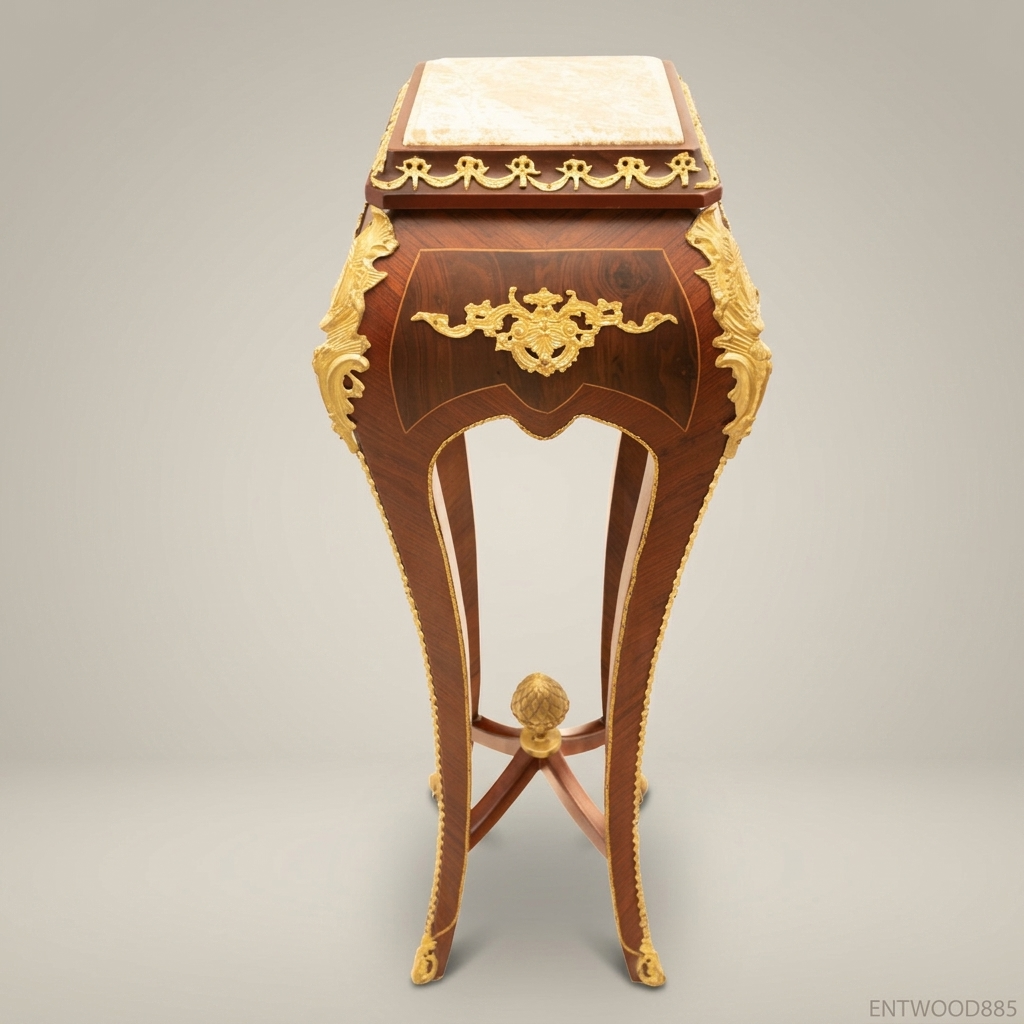 Louis XV Rococo Marquetry Pedestal Stand with Gilt Bronze Mounts & Marble Top