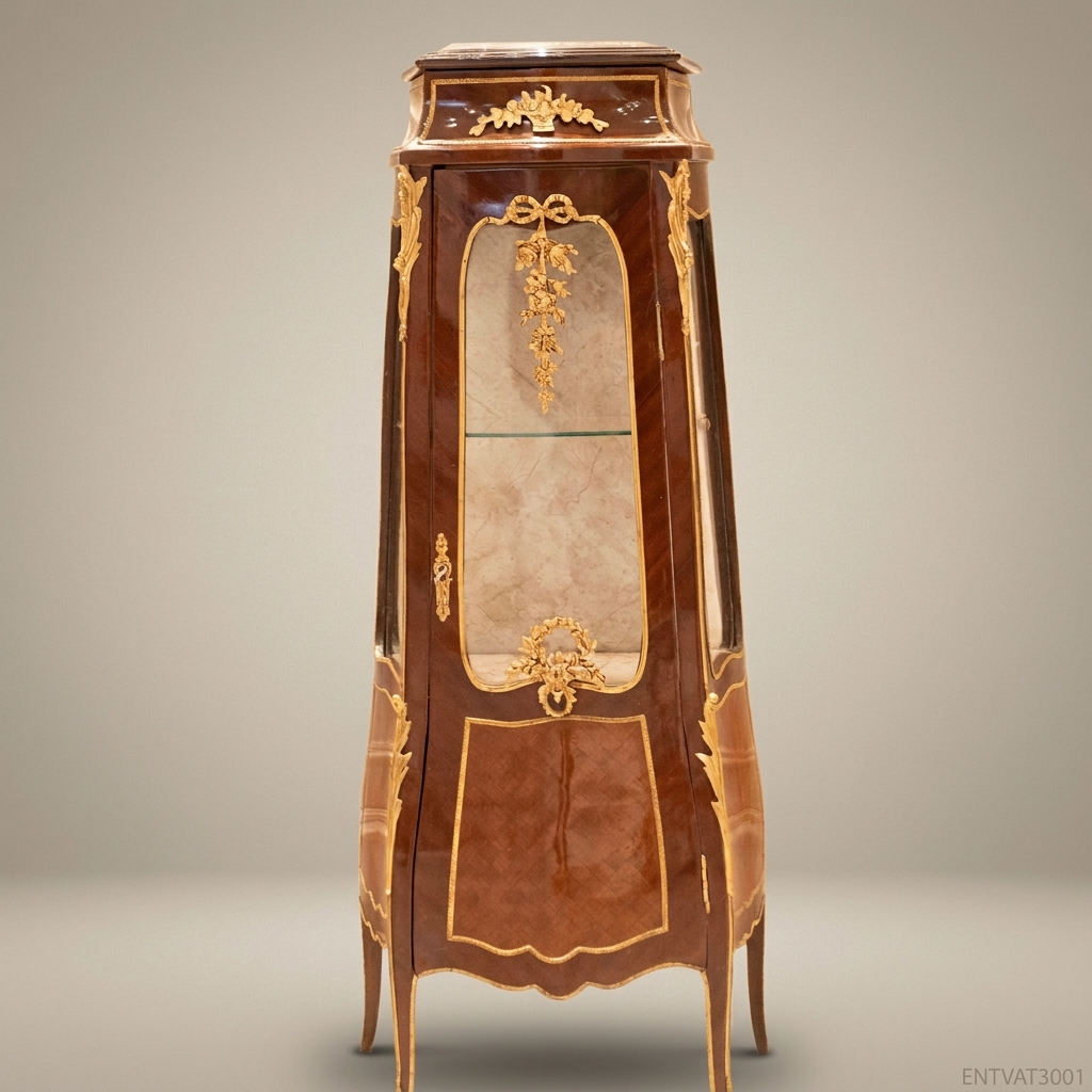 Louis XV Rococo Marquetry Vitrine Cabinet with Gilt Bronze Mounts & Marble Top