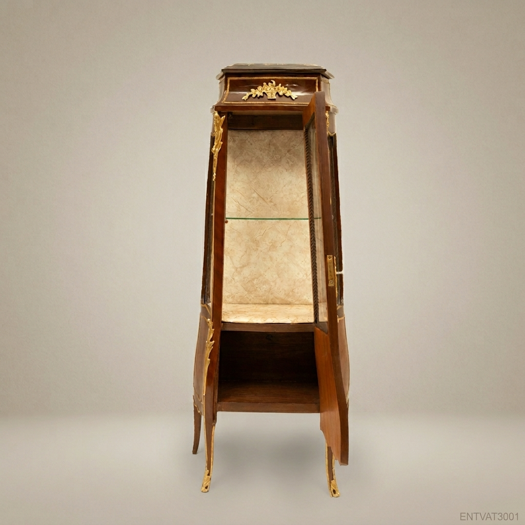 Louis XV Rococo Marquetry Vitrine Cabinet with Gilt Bronze Mounts & Marble Top