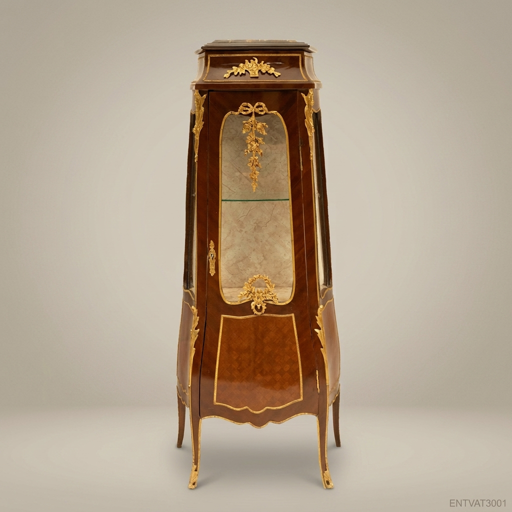 Louis XV Rococo Marquetry Vitrine Cabinet with Gilt Bronze Mounts & Marble Top