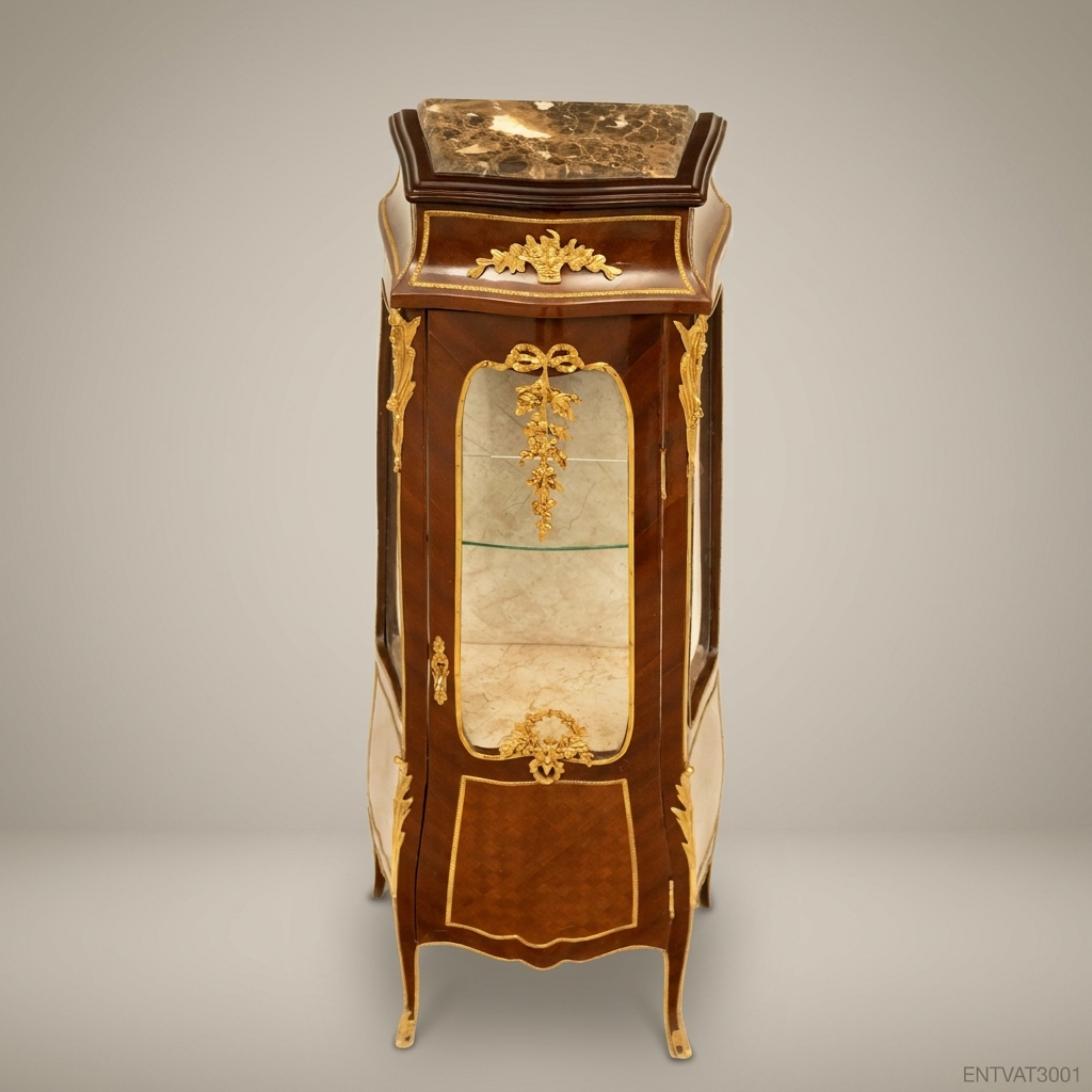 Louis XV Rococo Marquetry Vitrine Cabinet with Gilt Bronze Mounts & Marble Top