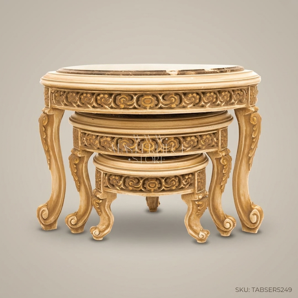 Louis XV Nesting Coffee Tables – Ivory Lacquer & Emperador Marble