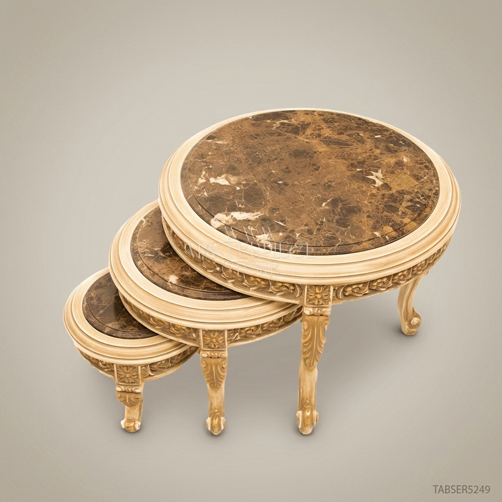 Louis XV Nesting Coffee Tables – Ivory Lacquer & Emperador Marble