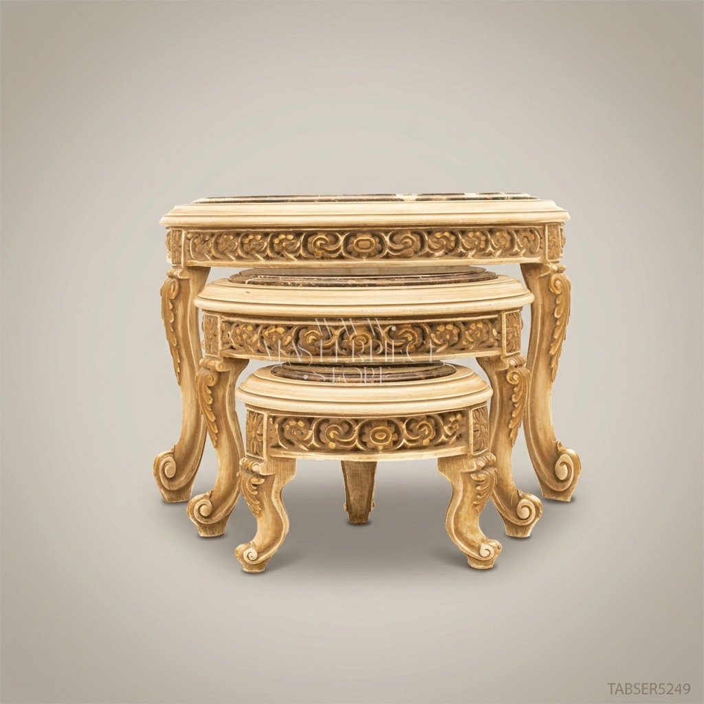 Louis XV Nesting Coffee Tables – Ivory Lacquer & Emperador Marble