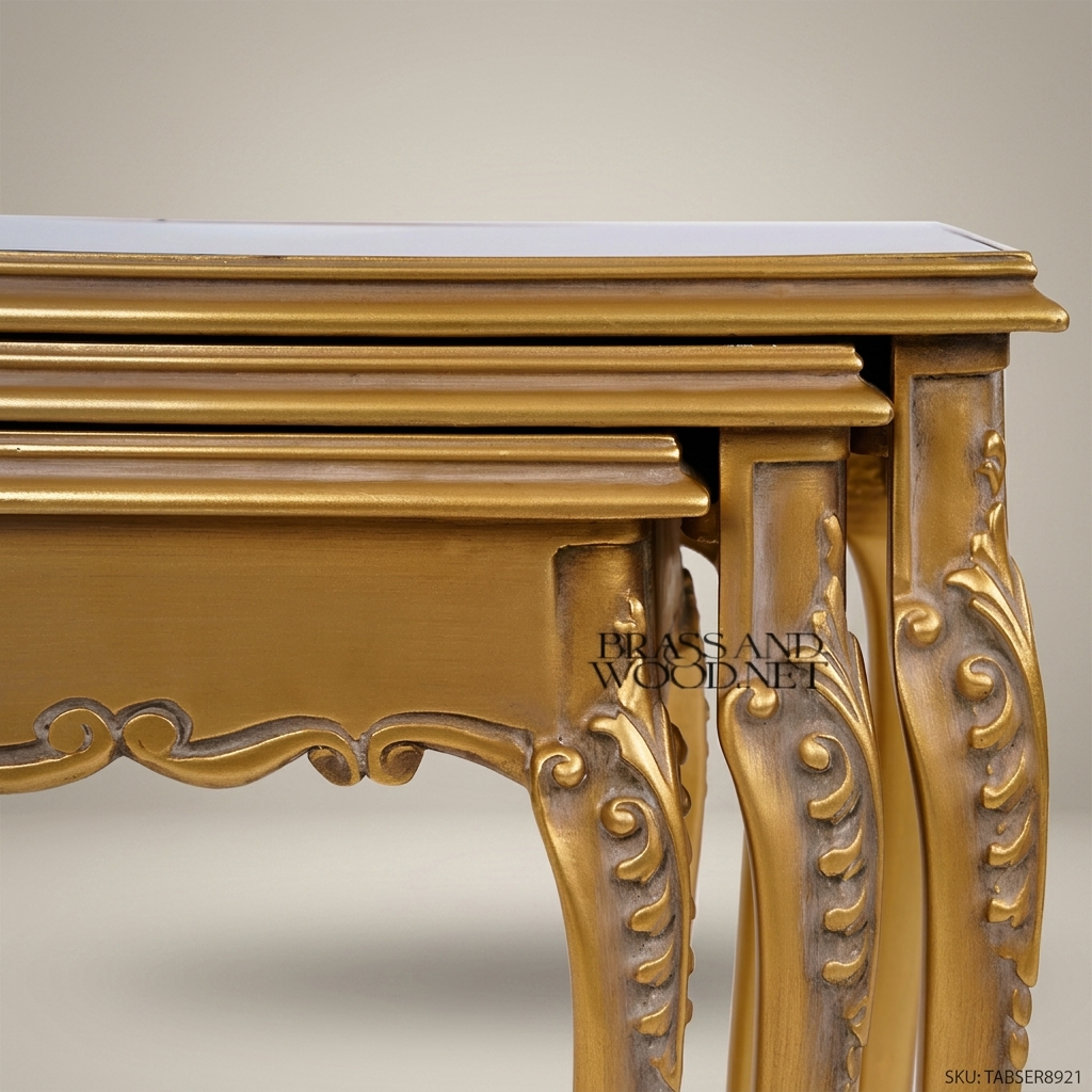 Louis XV Rococo Nesting Tables | Gold Leaf & Dark Walnut Top