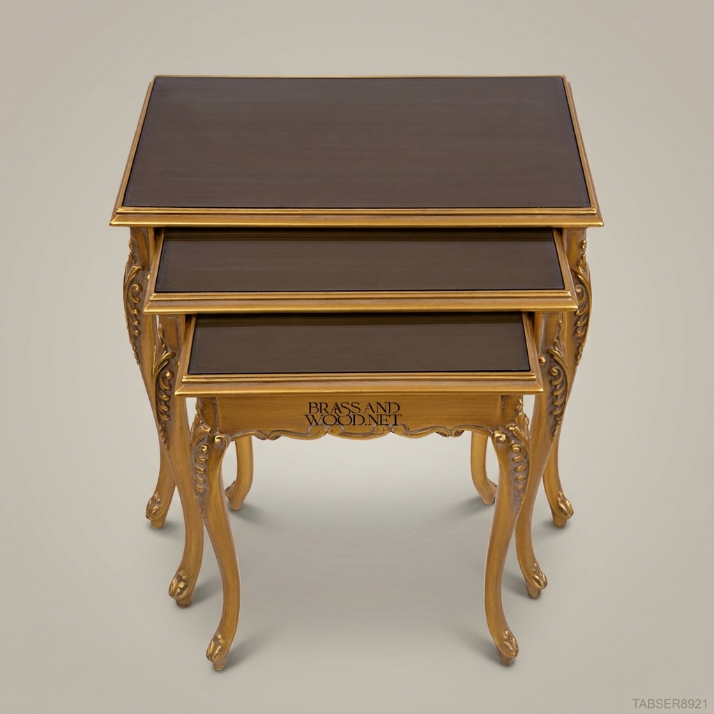 Louis XV Rococo Nesting Tables | Gold Leaf & Dark Walnut Top