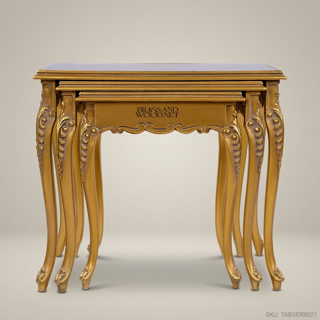 Louis XV Rococo Nesting Tables | Gold Leaf & Dark Walnut Top