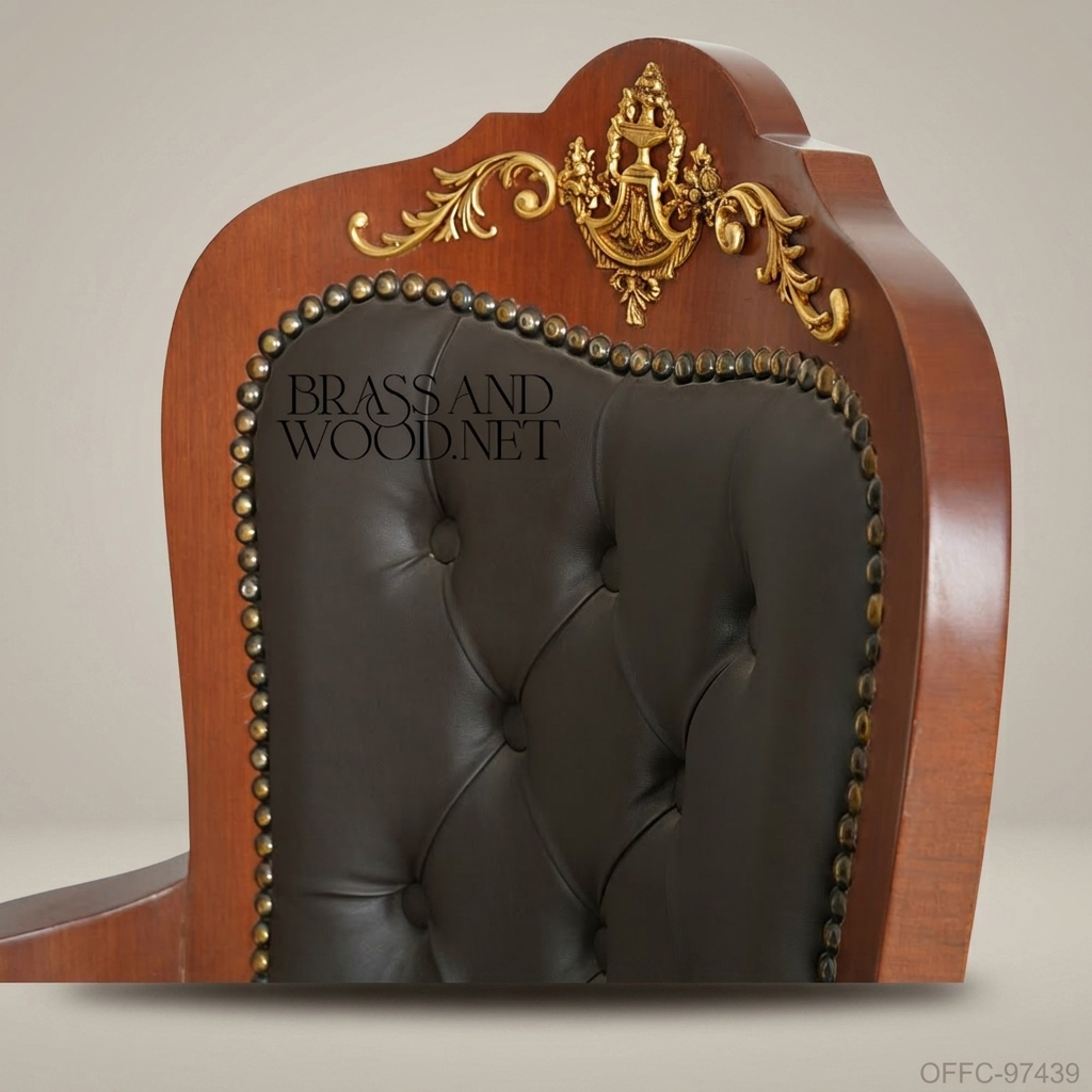 Louis XV Rococo Office Armchair – Dark Leather & Gold Brass Accents