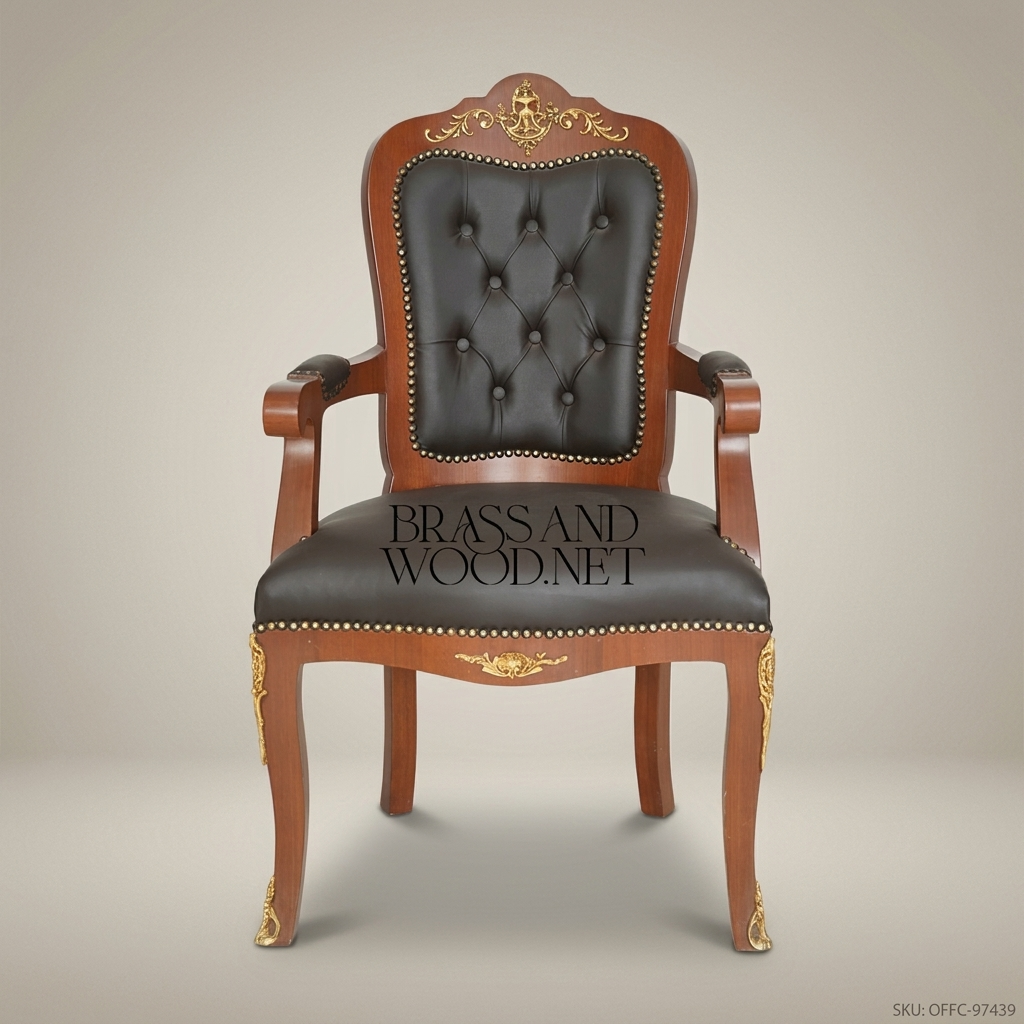 Louis XV Rococo Office Armchair – Dark Leather & Gold Brass Accents