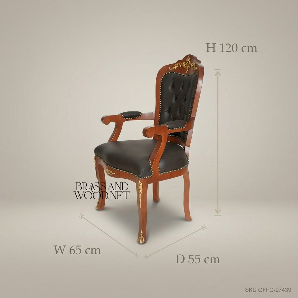 Louis XV Rococo Office Armchair – Dark Leather & Gold Brass Accents