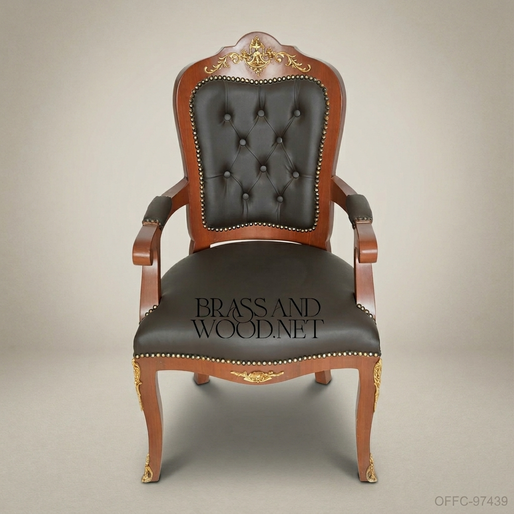 Louis XV Rococo Office Armchair – Dark Leather & Gold Brass Accents