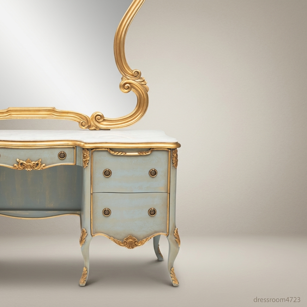 Louis XV Rococo Painted Dressing Table with Carved Gold Mirror — Duck-Egg Blue & Gilt