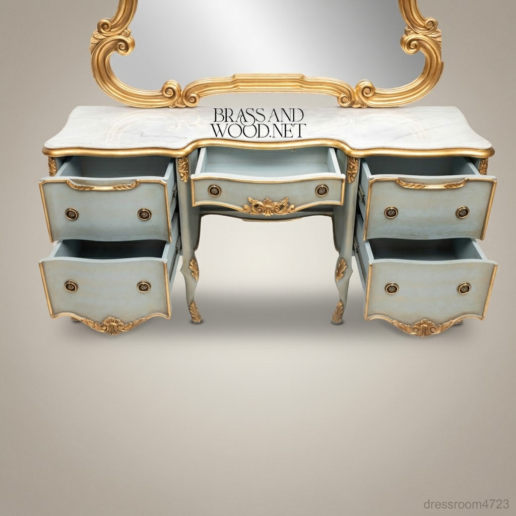 Louis XV Rococo Painted Dressing Table with Carved Gold Mirror — Duck-Egg Blue & Gilt